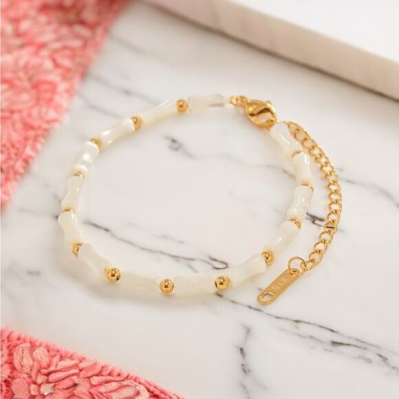 NEW 18K yellow gold plated bamboo beaded shell bracelet jewelry B23B - Picture 1 of 4